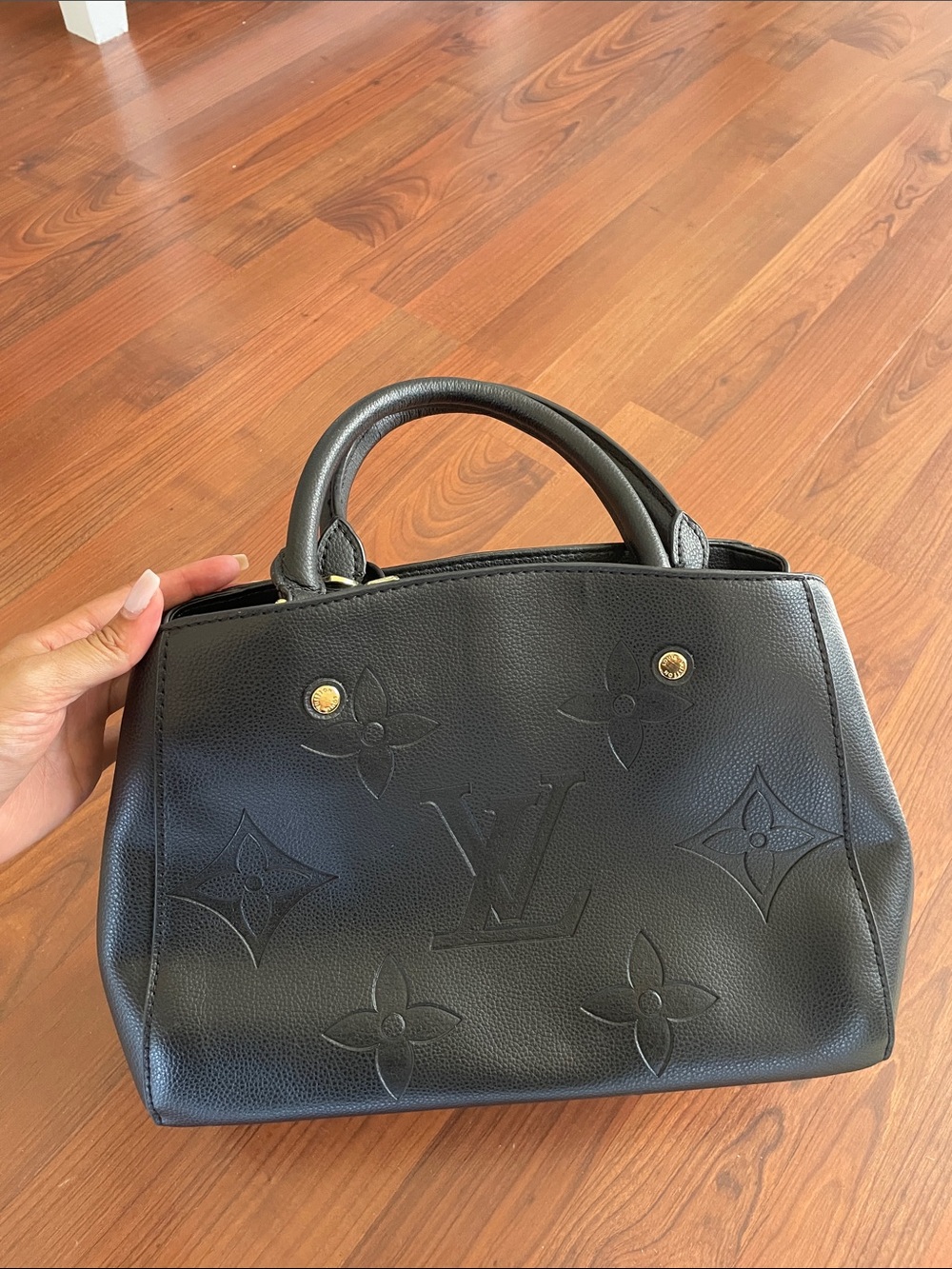 Louis Vuitton Black Leather Satchel with Embossed Monogram